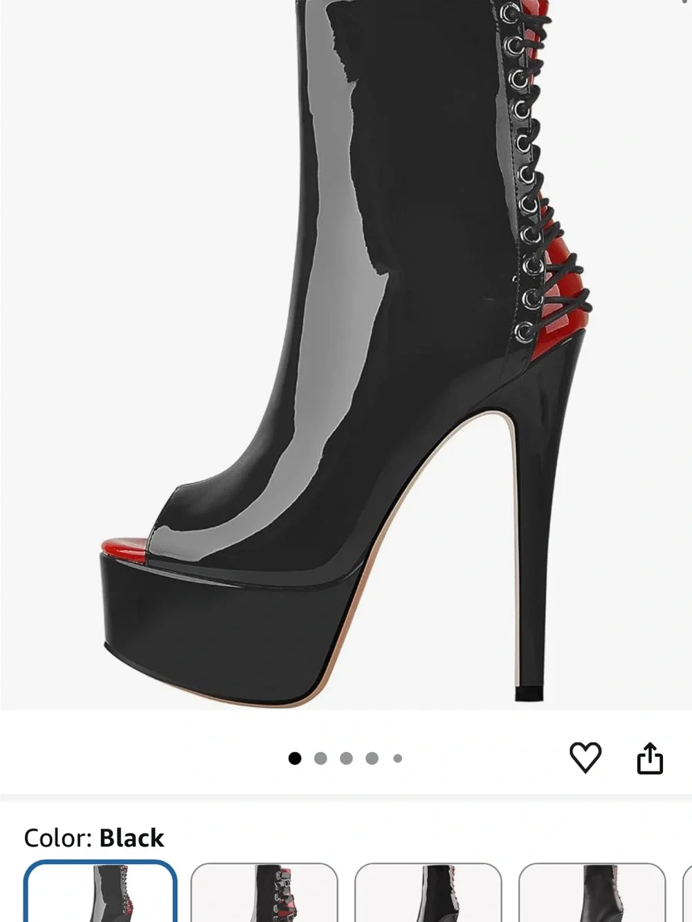 Black Patent Peep-Toe Platform Booties with Red Accent